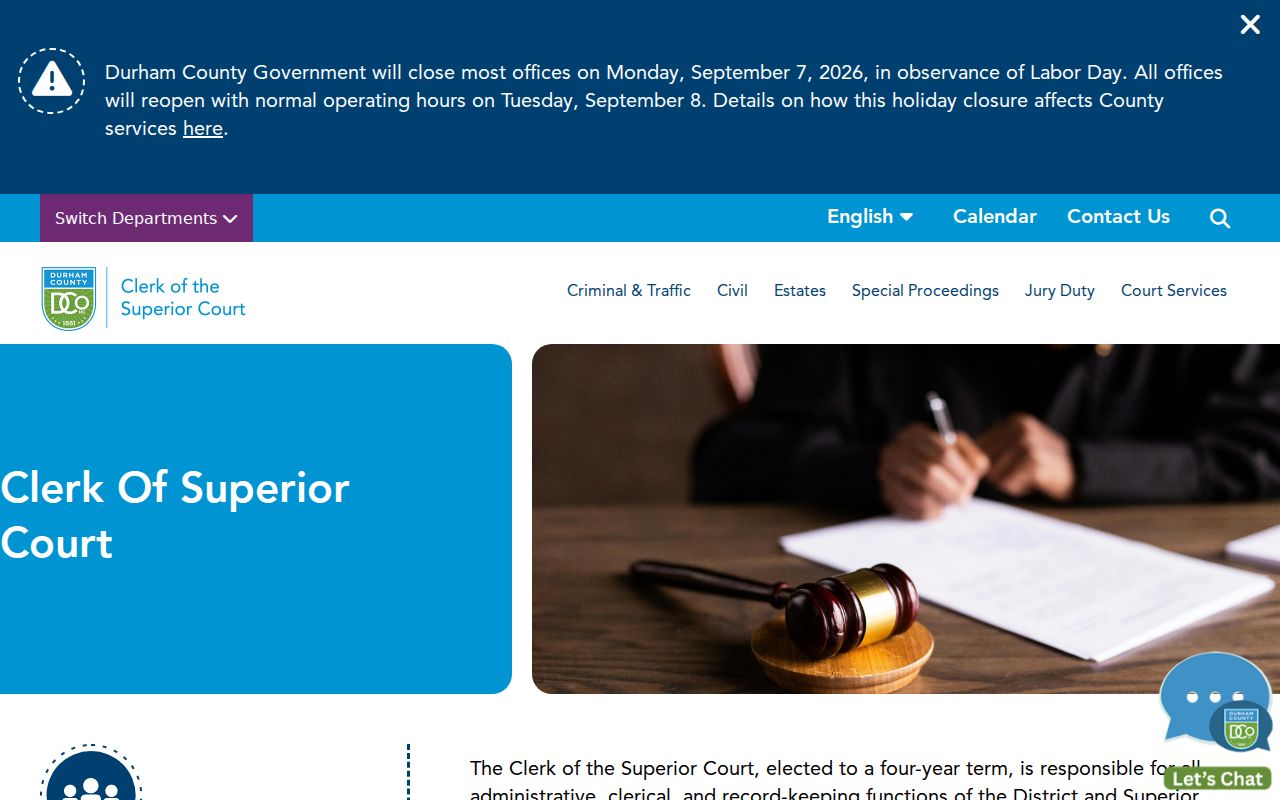 Chapel Hill court docket Durham Clerk of Superior Court information