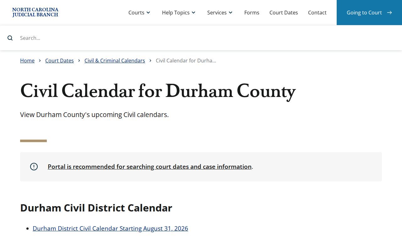 Durham civil docket calendar interface