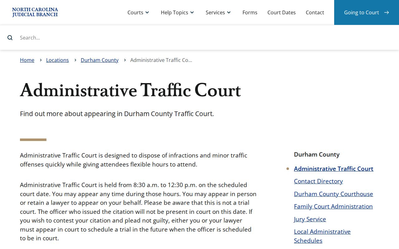 Durham court calendar Administrative Traffic Court information