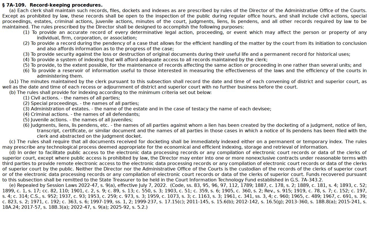 Durham court records statute G.S. 7A-109 on Clerk-held records