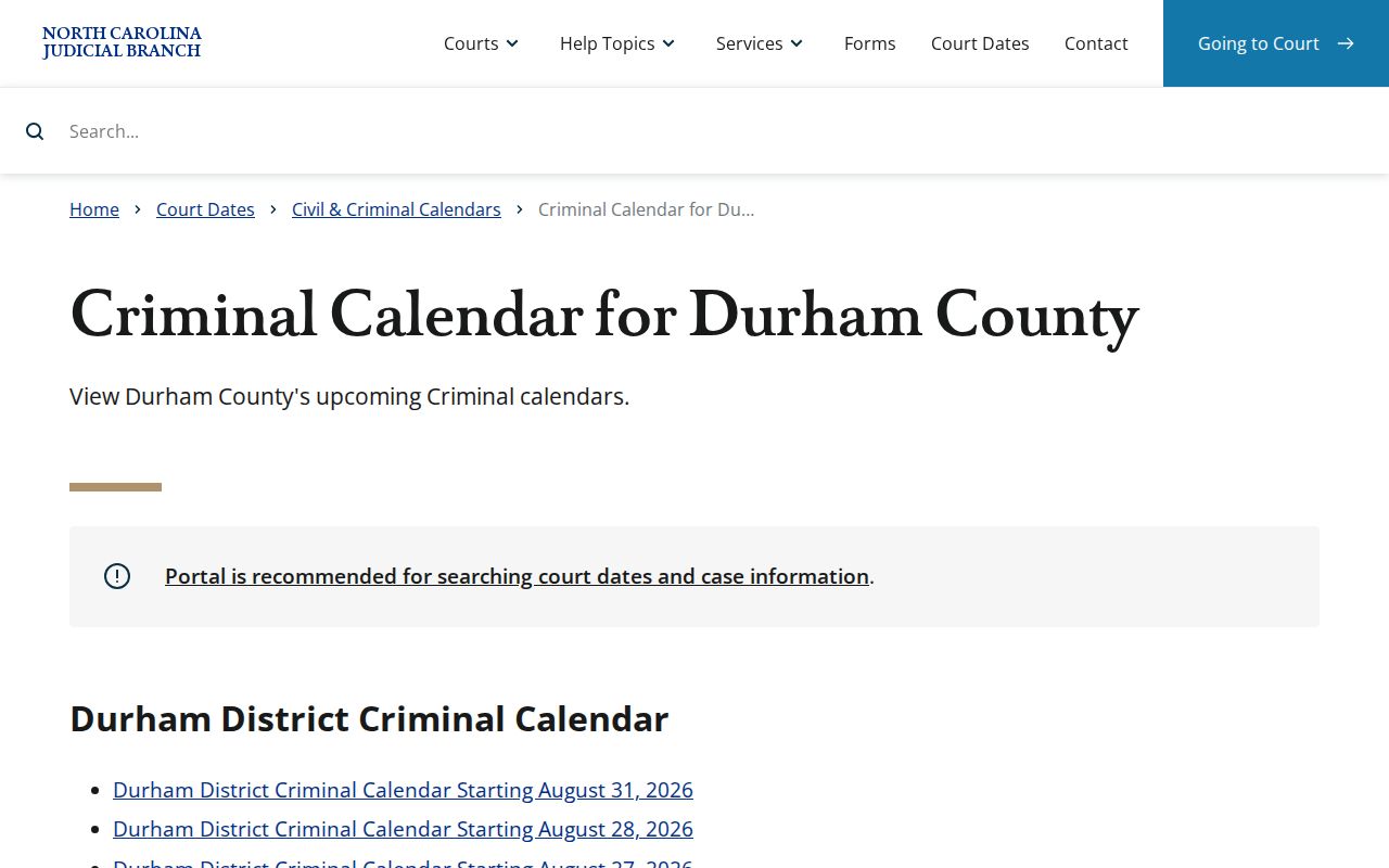 Durham criminal docket calendar interface